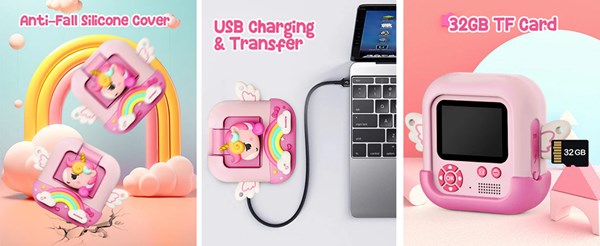 دوربین عکاسی و فیلمبرداری دیجیتال کودک با چاپ فوری حرارتی طرح یونیکورن بنفش مدل M9_اسباب بازی