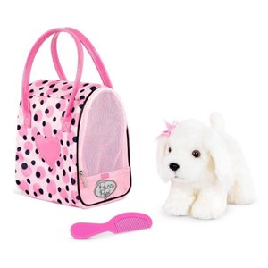 کیف دستی پوچی پاپز Pucci Pups به همراه هاپو پولیشی مدل Pucci Pups Pink and Black Spot Print Glam Bag with Maltese Stuffed Animal_اسباب بازی