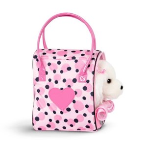 کیف دستی پوچی پاپز Pucci Pups به همراه هاپو پولیشی مدل Pucci Pups Pink and Black Spot Print Glam Bag with Maltese Stuffed Animal_اسباب بازی