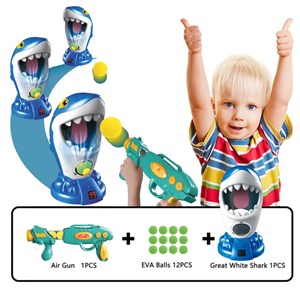 تفنگ اسباب بازی تیر توپی به همراه کوسه گرسنه مدل Shark air shooting foam ball target toys kids popper guns_اسباب بازی