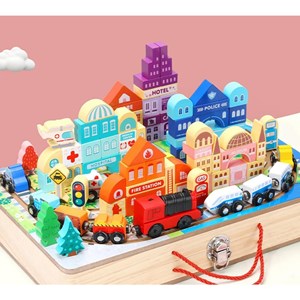 پازل شهر کوچک چوبی تاشو همراه با قطار و ماشین، 90 قطعه مدل TOYARTSY Track Box City_اسباب بازی