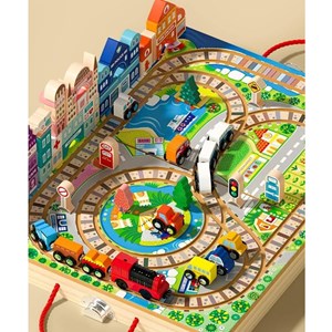 پازل شهر کوچک چوبی تاشو همراه با قطار و ماشین، 90 قطعه مدل TOYARTSY Track Box City_اسباب بازی
