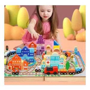 پازل شهر کوچک چوبی تاشو همراه با قطار و ماشین، 90 قطعه مدل TOYARTSY Track Box City_اسباب بازی