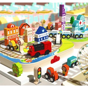 پازل شهر کوچک چوبی تاشو همراه با قطار و ماشین، 90 قطعه مدل TOYARTSY Track Box City_اسباب بازی