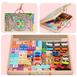پازل شهر کوچک چوبی تاشو همراه با قطار و ماشین، 90 قطعه مدل TOYARTSY Track Box City_اسباب بازی