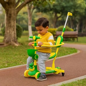 اسکوتر 3 کاره صندلی دار تاشو با 5 چرخ چراغدار و موزیکال رنگ سبز_اسباب بازی