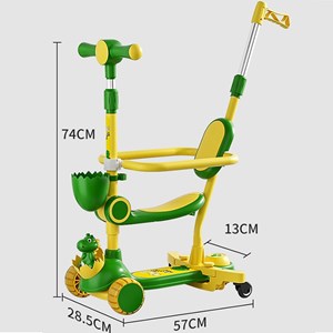 اسکوتر 3 کاره صندلی دار تاشو با 5 چرخ چراغدار و موزیکال رنگ قهوه ای_اسباب بازی